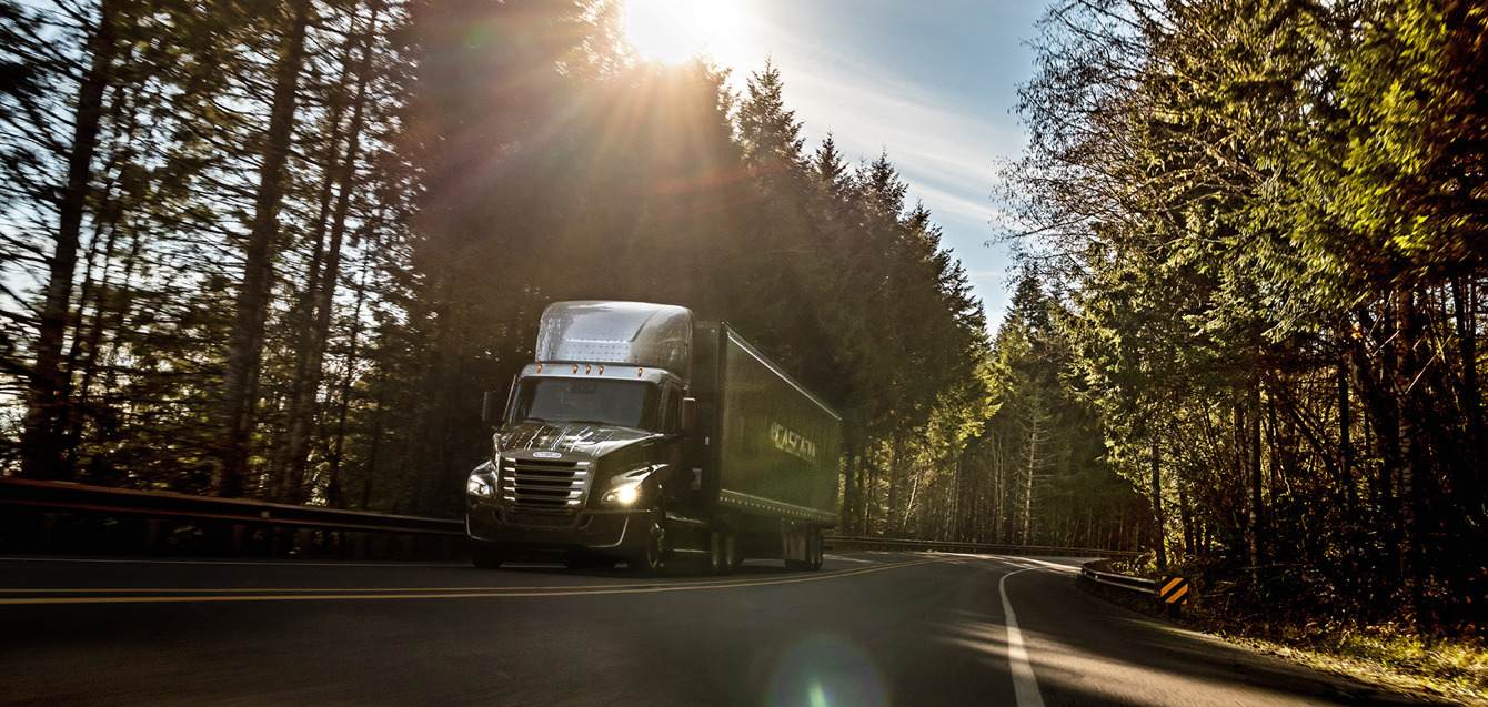 Freightliner Cascadia truck on a forested highway at sunset, with sunlight streaming through pine trees