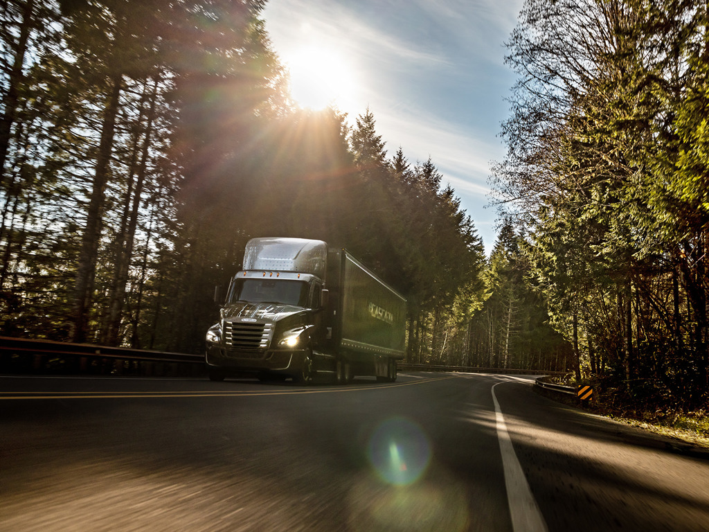 Freightliner Cascadia truck on a forested highway at sunset, with sunlight streaming through pine trees