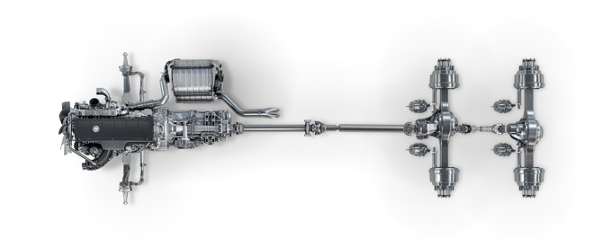 A detailed overhead view of the Detroit Integrated Powertrain, including the engine, transmission, driveshaft, and axles.